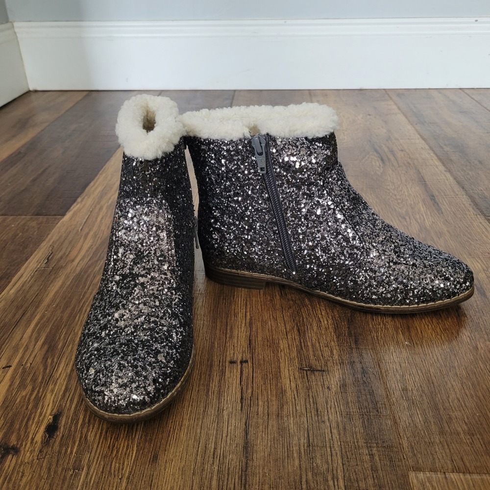 Gap Kids Girls Pewter Grey Glitter Ankle Boots Faux Shearling Fur Trim Size 3 - Picture 8 of 10